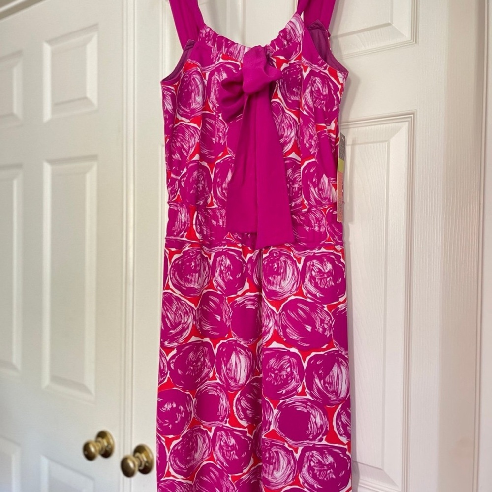 Tory Burch Abstract Print Habanero Pepper Magenta Monica Silk Tie Neck Dress S